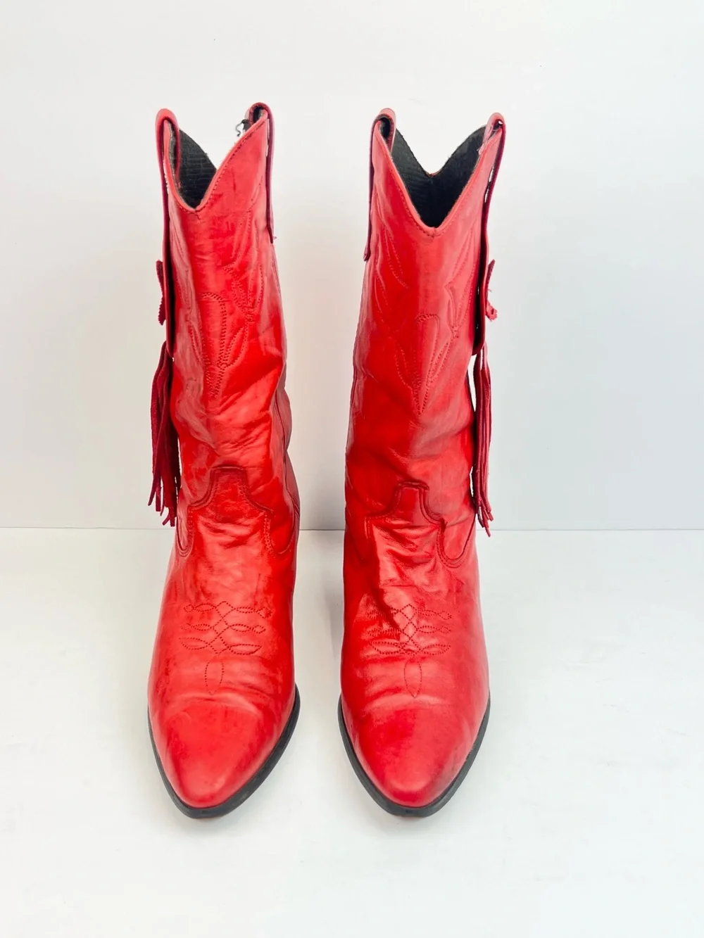 Laredo Red Leather Lace Up Tassel Cowboy Boots - Picture 4 of 9